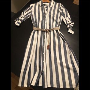 Navy blue and white nautical shirt dress with belt